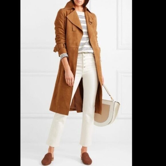 Vince Tan Suede Leather Belted Trench Coat Medium - Picture 2 of 16
